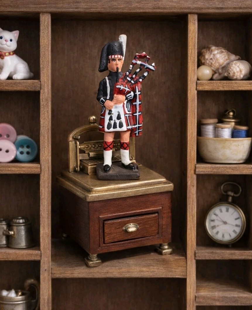 VTG Scottish Bagpiper Figurine Hand Painted Miniature Highland Piper Trinket