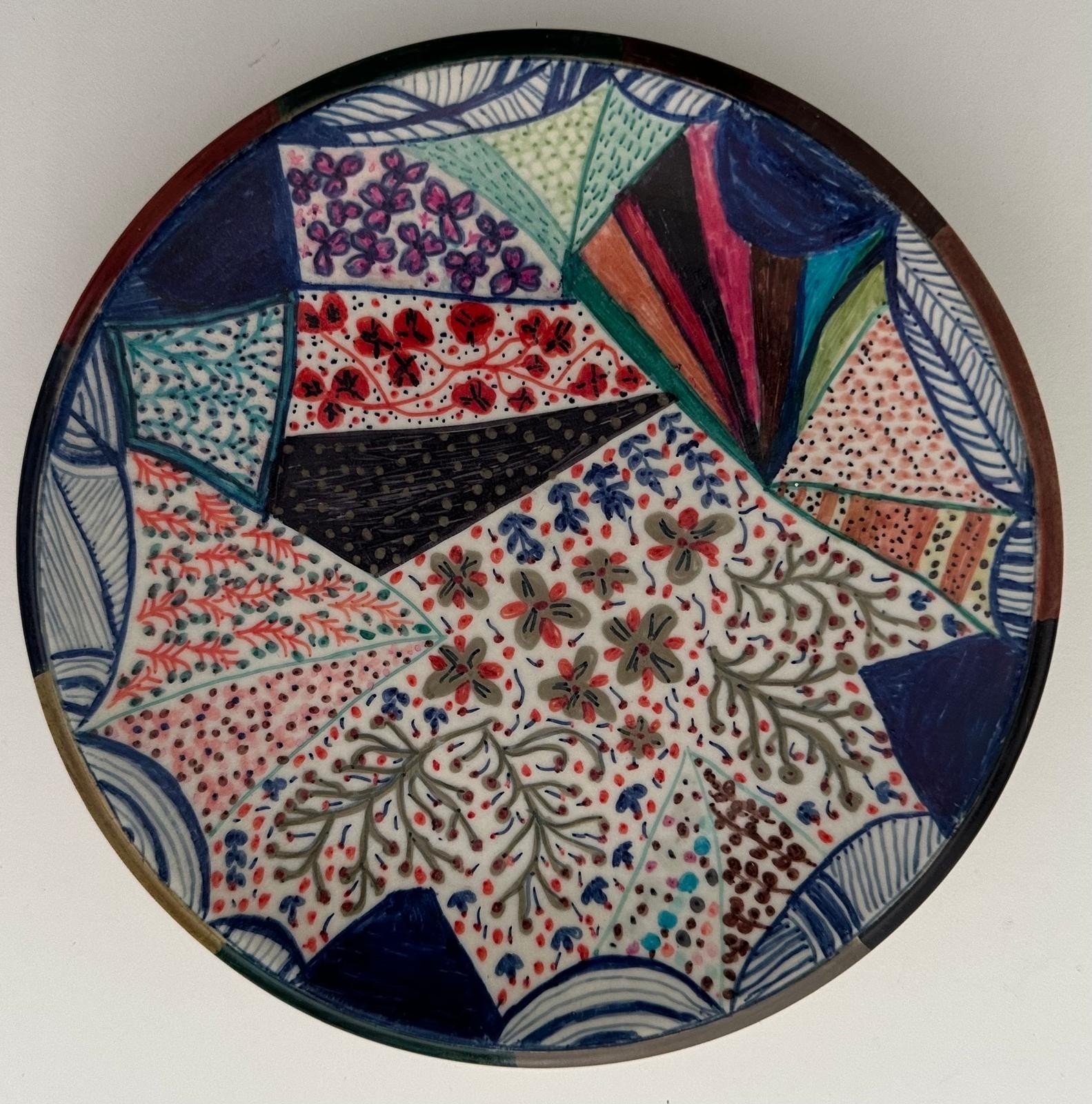 Hand Painted Handmade Decorative Plate Abstract Floral Geometric Folk Art