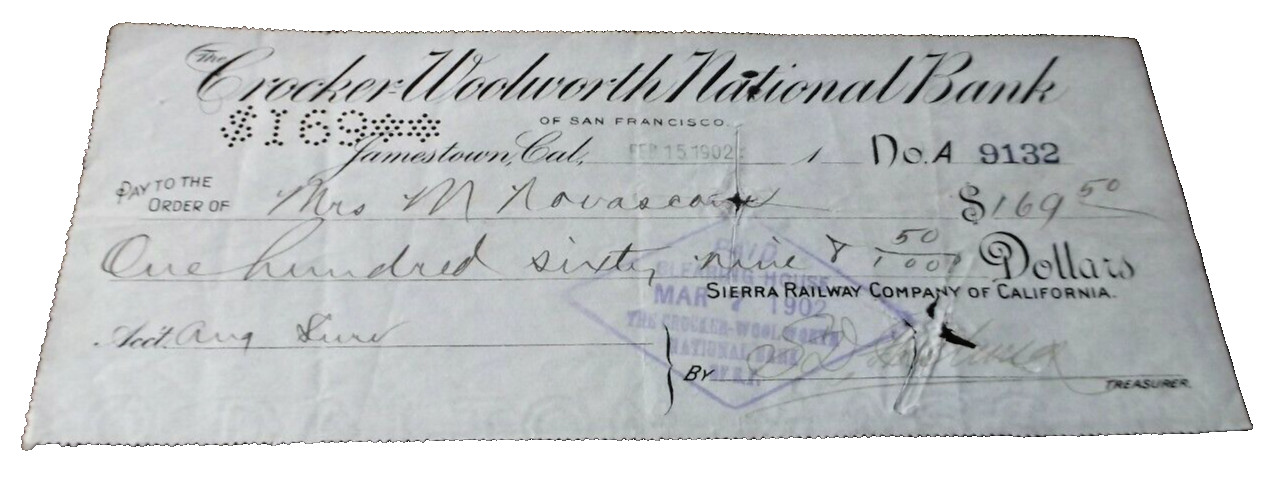 FEBRUARY 1902 SIERRA RAILWAY COMPANY CHECK