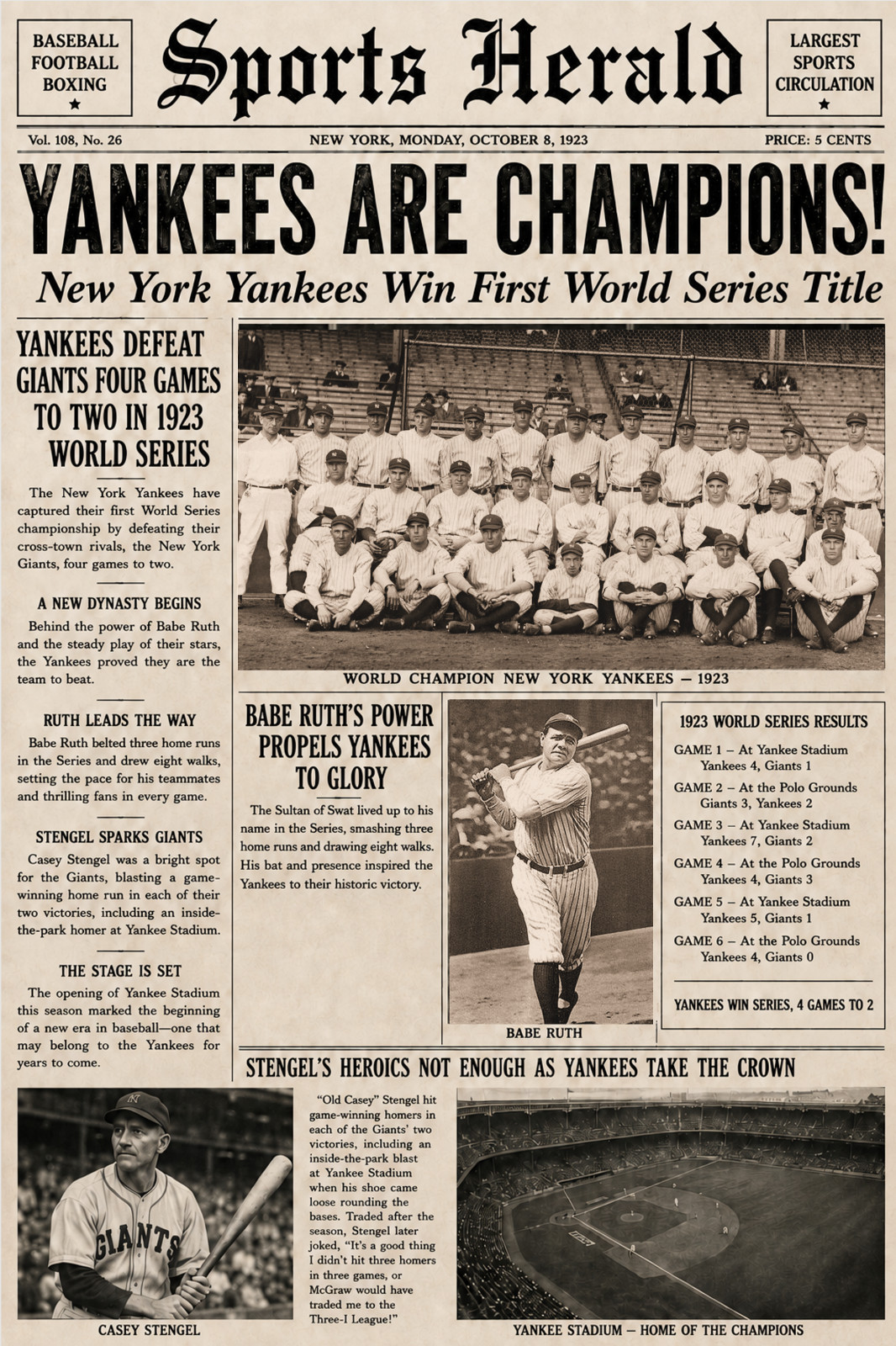 Yankees Win First World Series Headlines News Poster up to 24 x 36 Inches