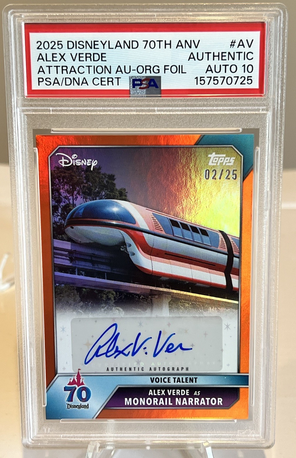 2025 Topps Disneyland 70th. Alex Verde Monorail Narrator Auto # /25 True Orange