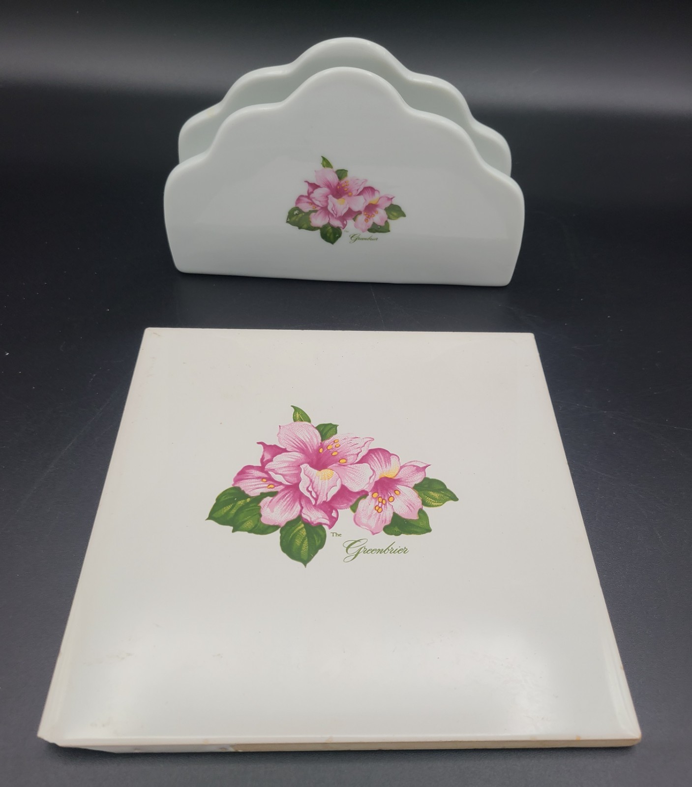 The Greenbrier Hotel Resort Napkin Holder & Tile/Hot plate Rhododendron