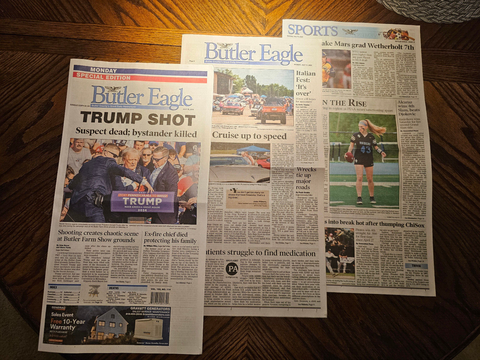 Butler Eagle Newspaper July 15th 2024 Trump Shot First Local Printing