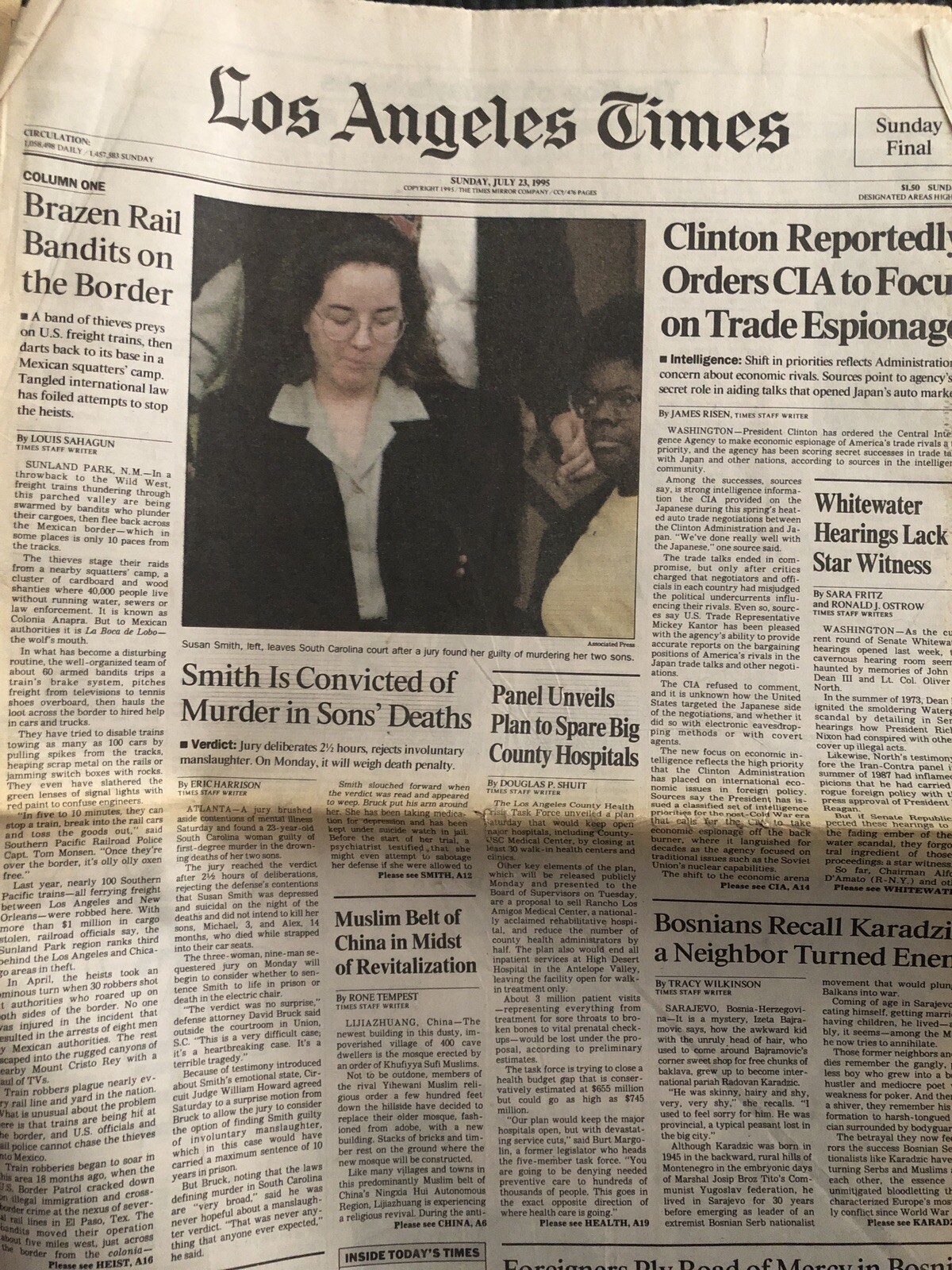 Susan Smith Guilty of Murder July 23, 1996 LA Times Newspaper Killed 2 Sons