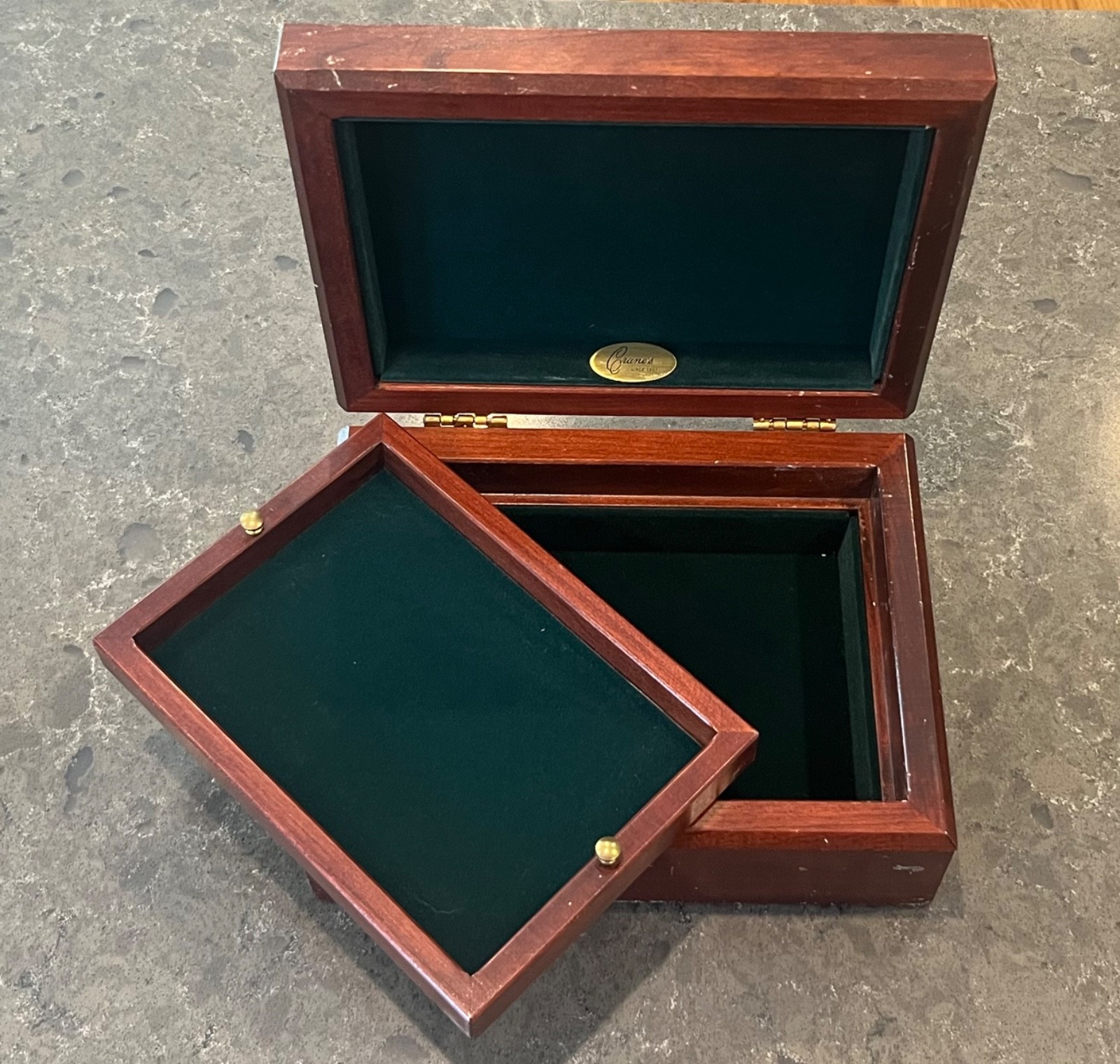 Vintage Crane & Co. Stationery Writing Box, Cherry Hardwood w Inner Tray, Scuffs