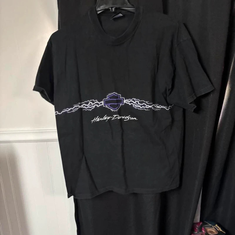 Harley Davidson black t-shirt with purple lightning bolt graphic and logo size x