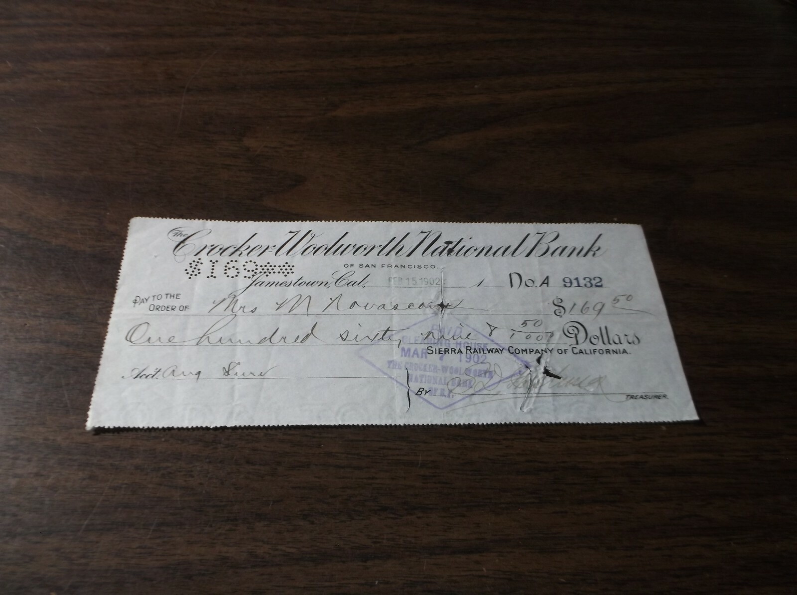 FEBRUARY 1902 SIERRA RAILWAY COMPANY CHECK