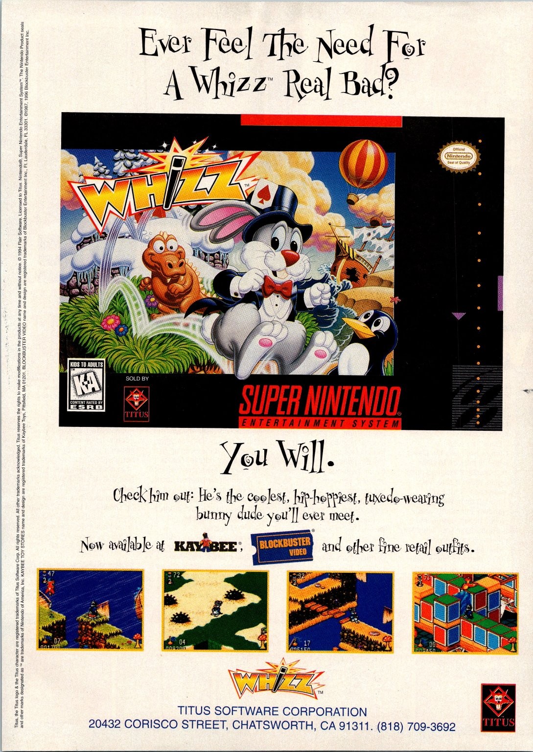 Titus Software Whizz Super Nintendo Print Ad Vintage 1994 Video Game