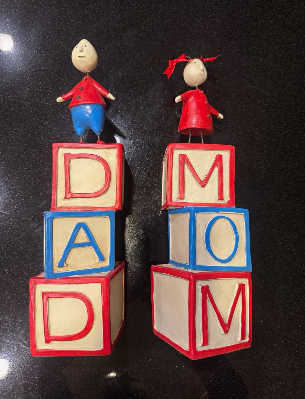 Dad Mom Letter Block Boy & Girl Figurines Set of 2, Painted Multicolor