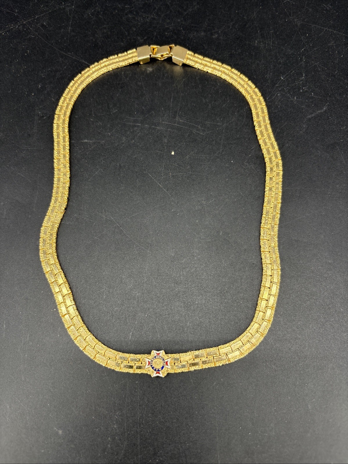 Vintage VFW Ladies Auxiliary Enamel Look Goldtone With Emblem Necklace