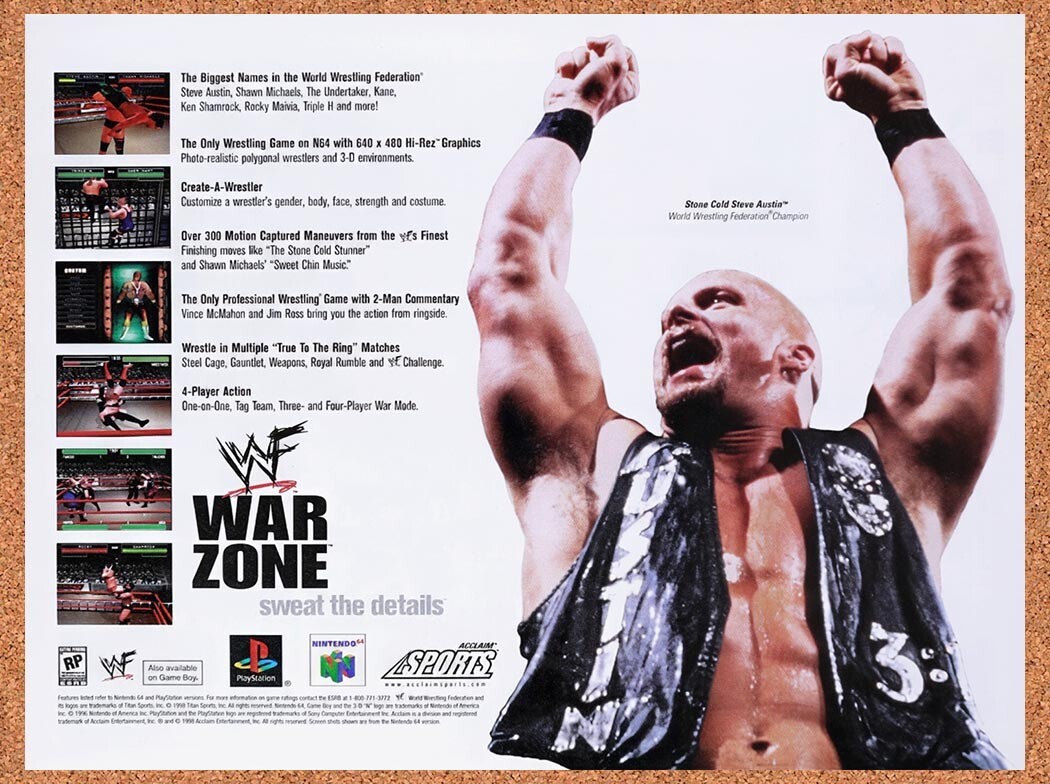 1997 WWF War Zone PS1 Original Advertisement / Retro Wall Art v2