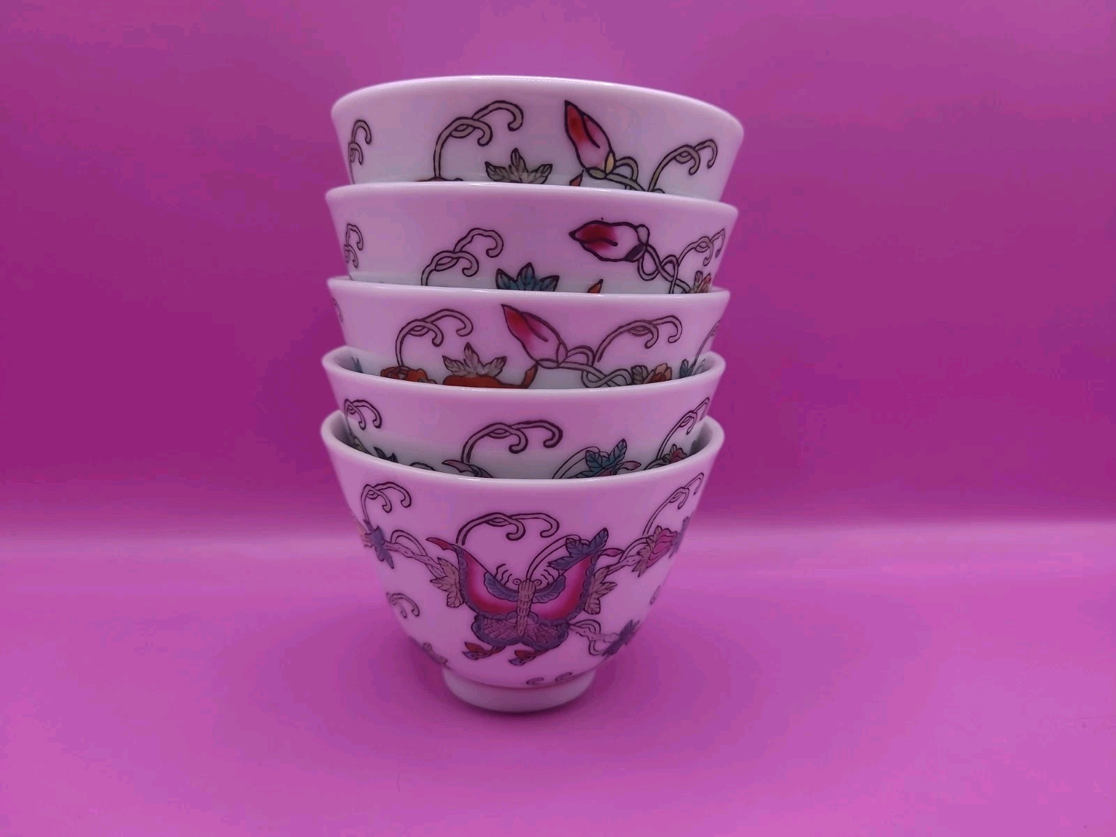 Mid Century Jingdezhen Chinese Porcelain Butterfly Tea Bowl Cup Set Hand Painted
