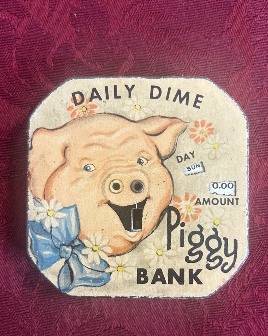 Vintage Daily Dime Bank Tin Litho 1950’s Piggy w/ Flowers Bank Kalon Mfg