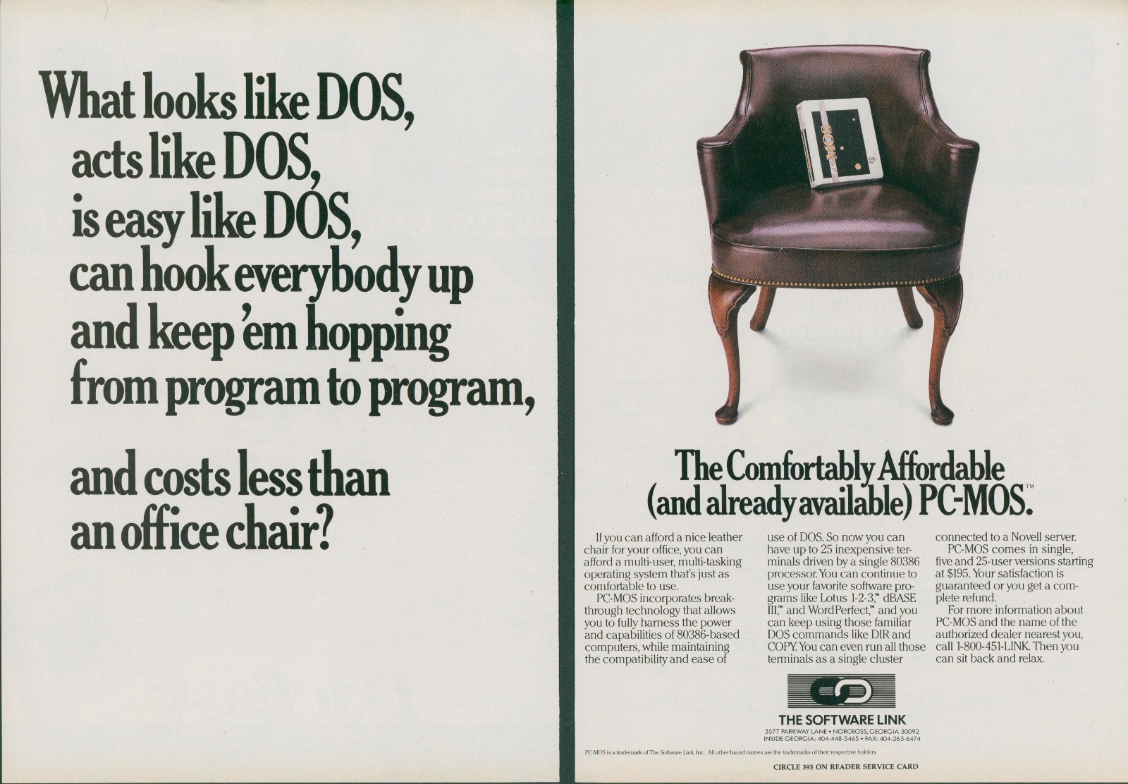 1989 Software Link Affordable PC MOS DOS Cost Less Than Office Chair Ad PC3