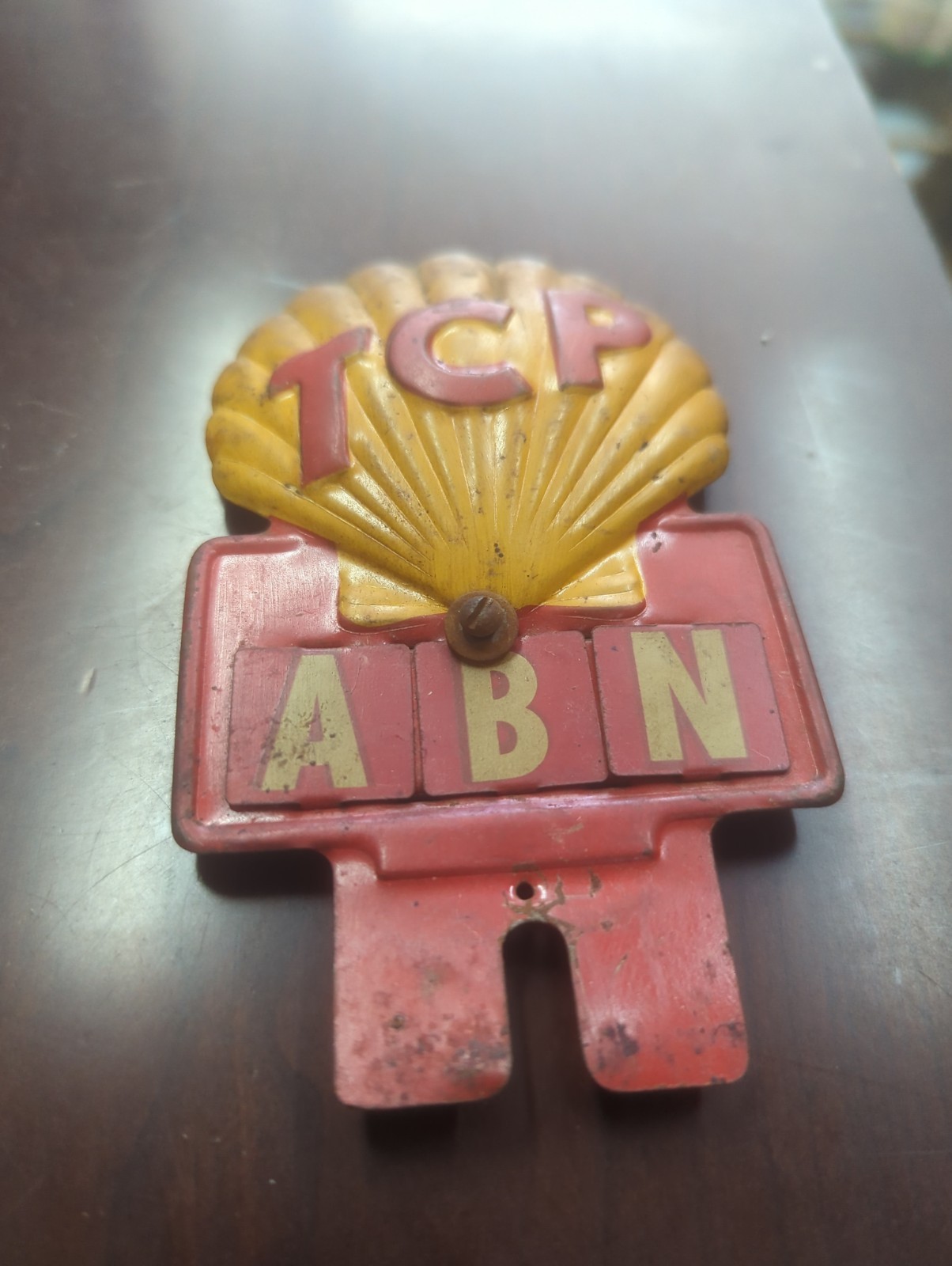 1940s Shell Oil Gas Station TCP License Plate Metal Topper W/ Drivers Initials 