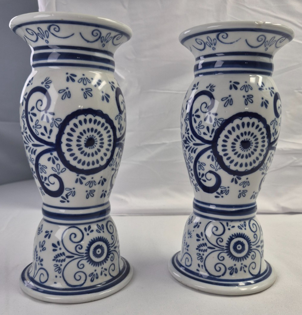 Vintage Blue White Chinoiserie Porcelain Candlestick Holders Pair 9”