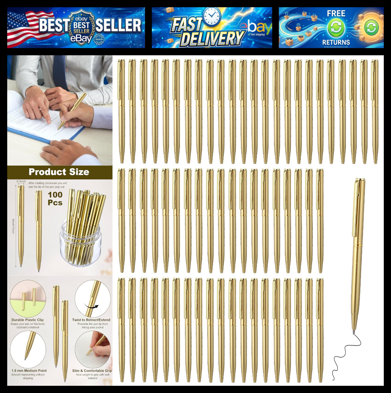 100 Pcs Gold Ballpoint Pens, 4 Inch Metal Slim Ballpoint Pens, Short Small Tiny