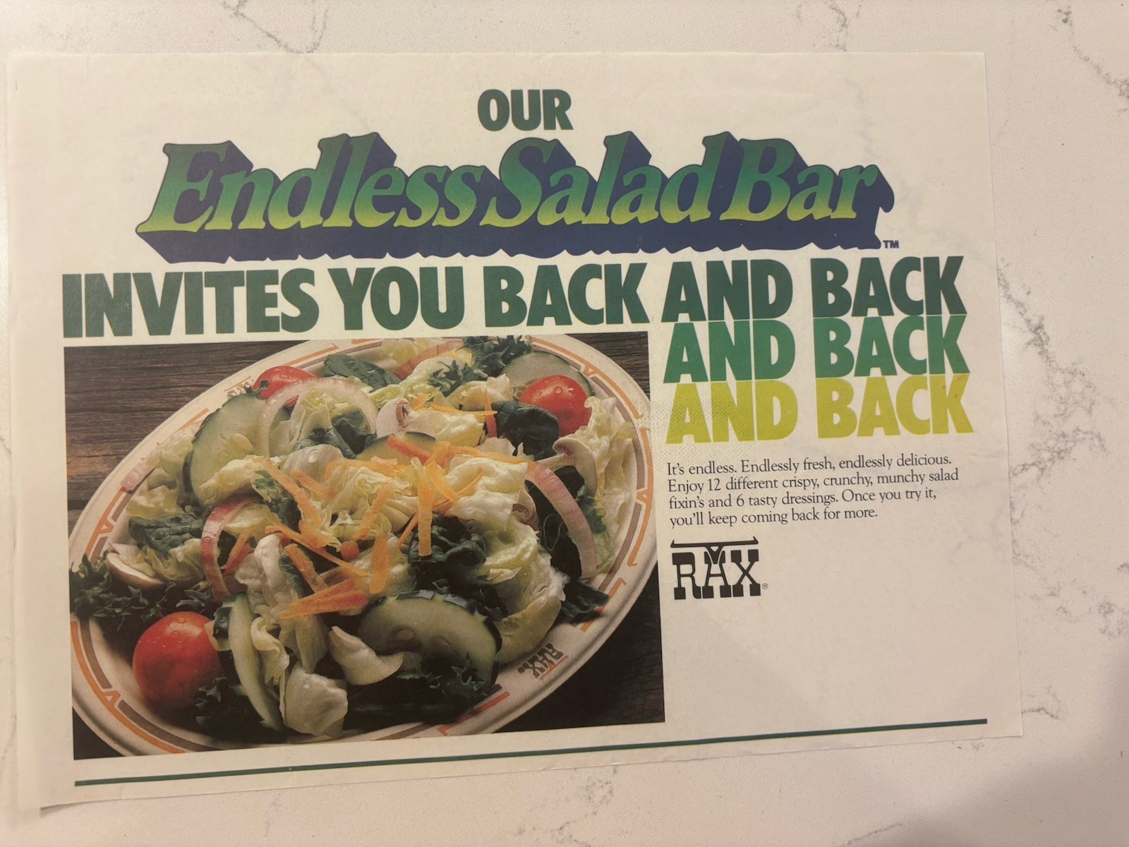 Vintage RAX Endless Salad Bar Back And Back And Back Paper Placemat