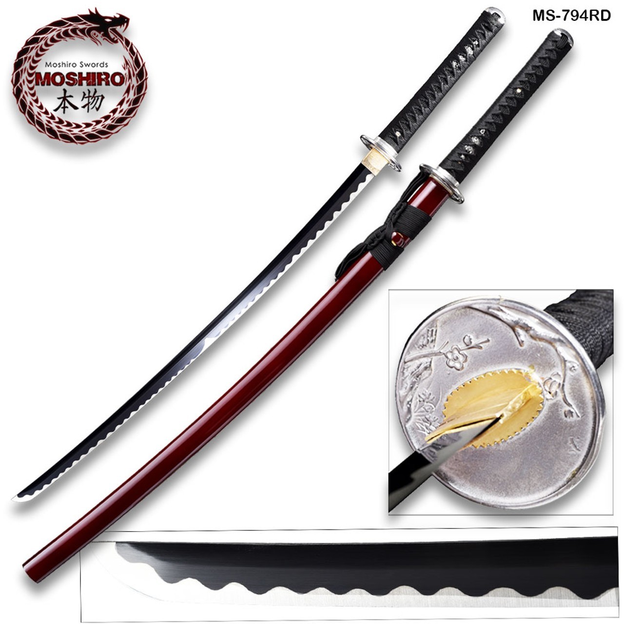 MOSHIRO Hand Forged  Katana Sword 1045 High Carbon Steel Red Glossy Scabbard
