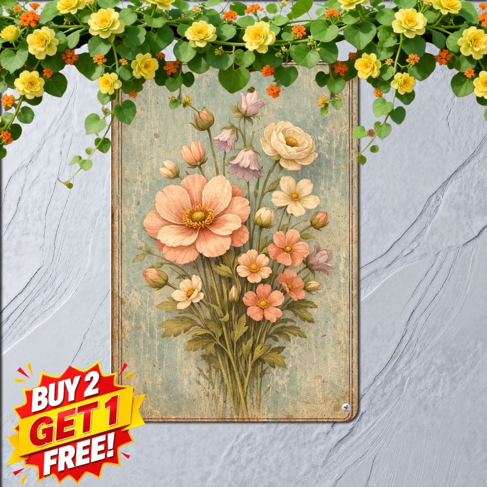 Pink Yellow Wildflowers Weathered Blue Floral Bouquet Vintage Metal Tin Plaque