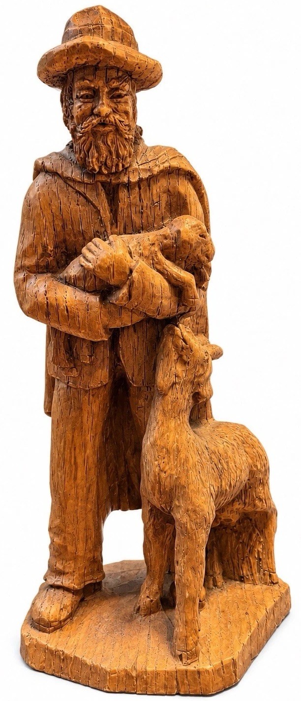 Vintage Hand Carved Wood Shepherd Figurine 9” Lamb Goat French Folk Art