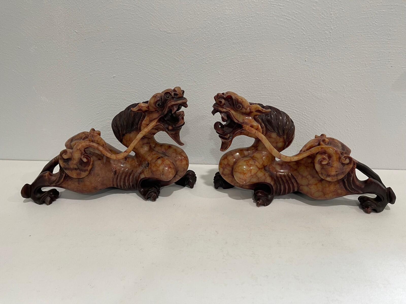 Chinese Unknown Age Pair of Soapstone Dragon Carvings / Figures Statues