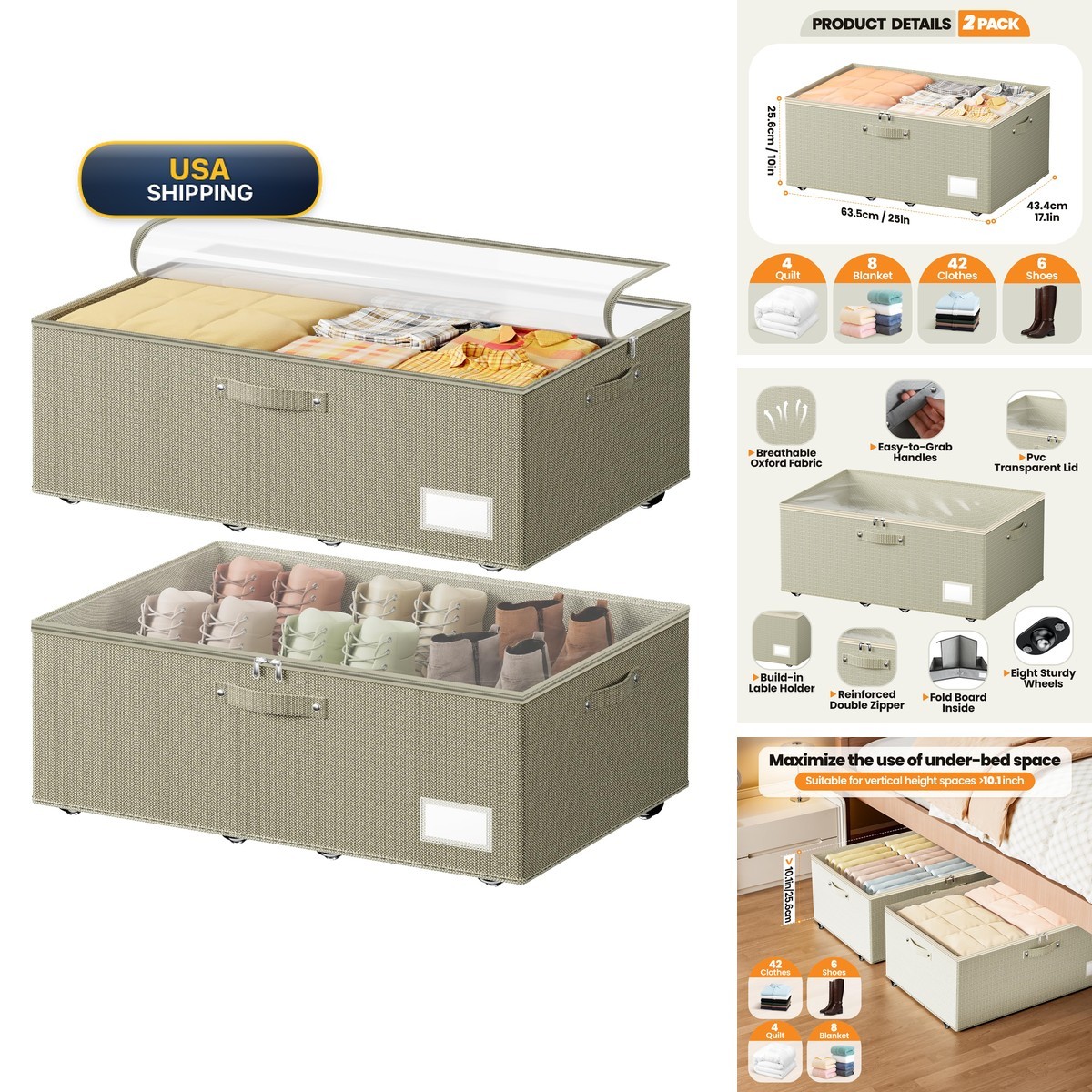 Dayacoco Under Bed Storage Wheels,10 Inches Under Bed Storage Containers,65L