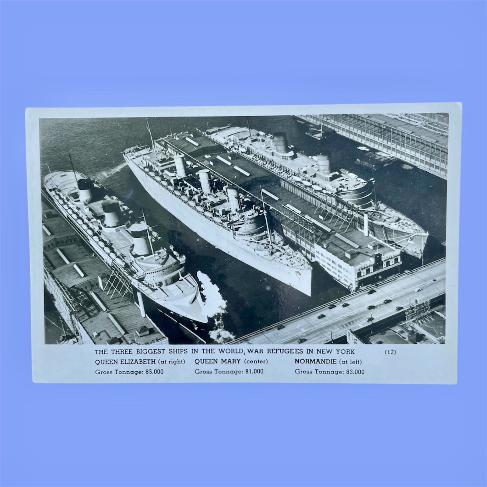 c1940s RPPC Postcard Queen Mary Normandie WWII War Refugees 3 Ocean Liners NY