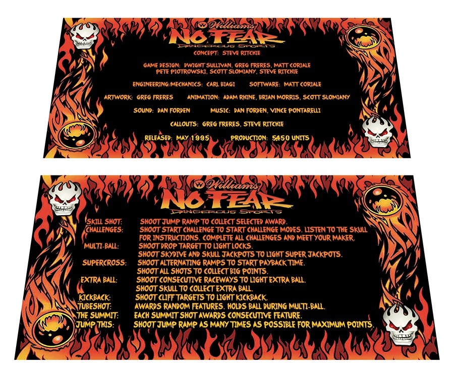 Williams No Fear Pinball Custom Apron Instruction Cards