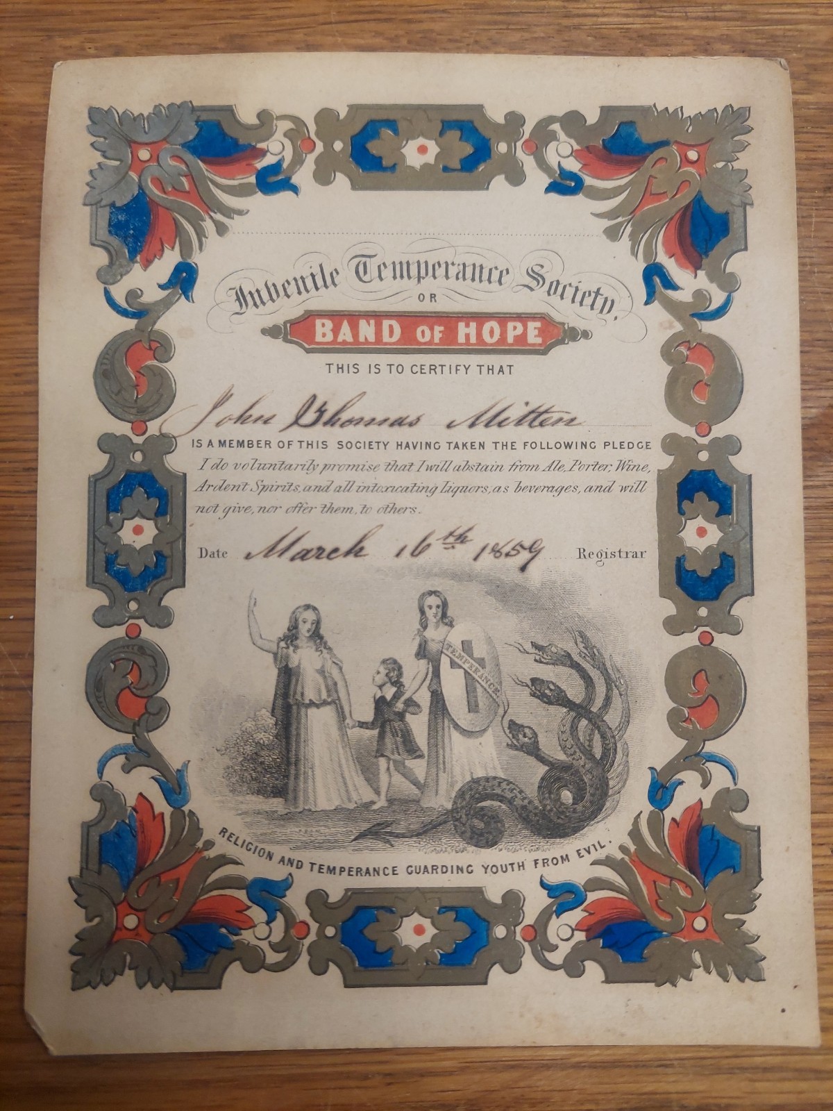 Antique 1859 Temperance Society Certificate