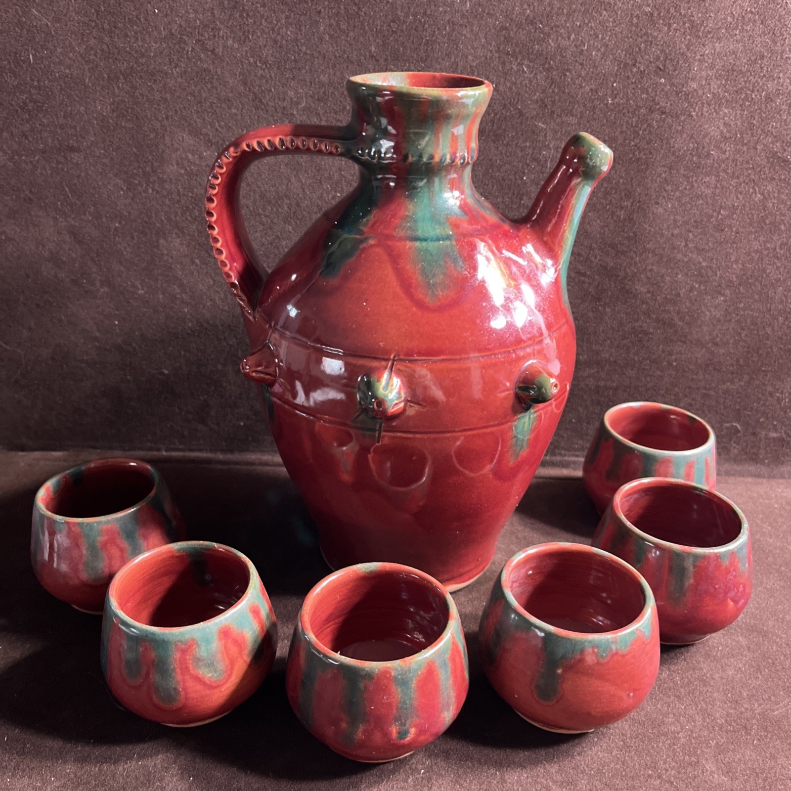 Vintage 1979 Romanian Pottery Wine Set Curtea de Arges Ceramic Pitcher 6 Cups
