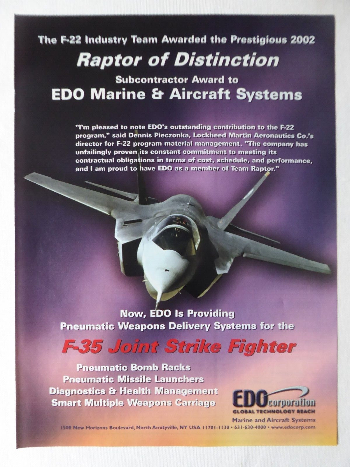 8/2002 PUB EDO F-22 F-35 JSF PNEUMATIC WEAPONS DELIVERY SYSTEM BOMB RACK AD