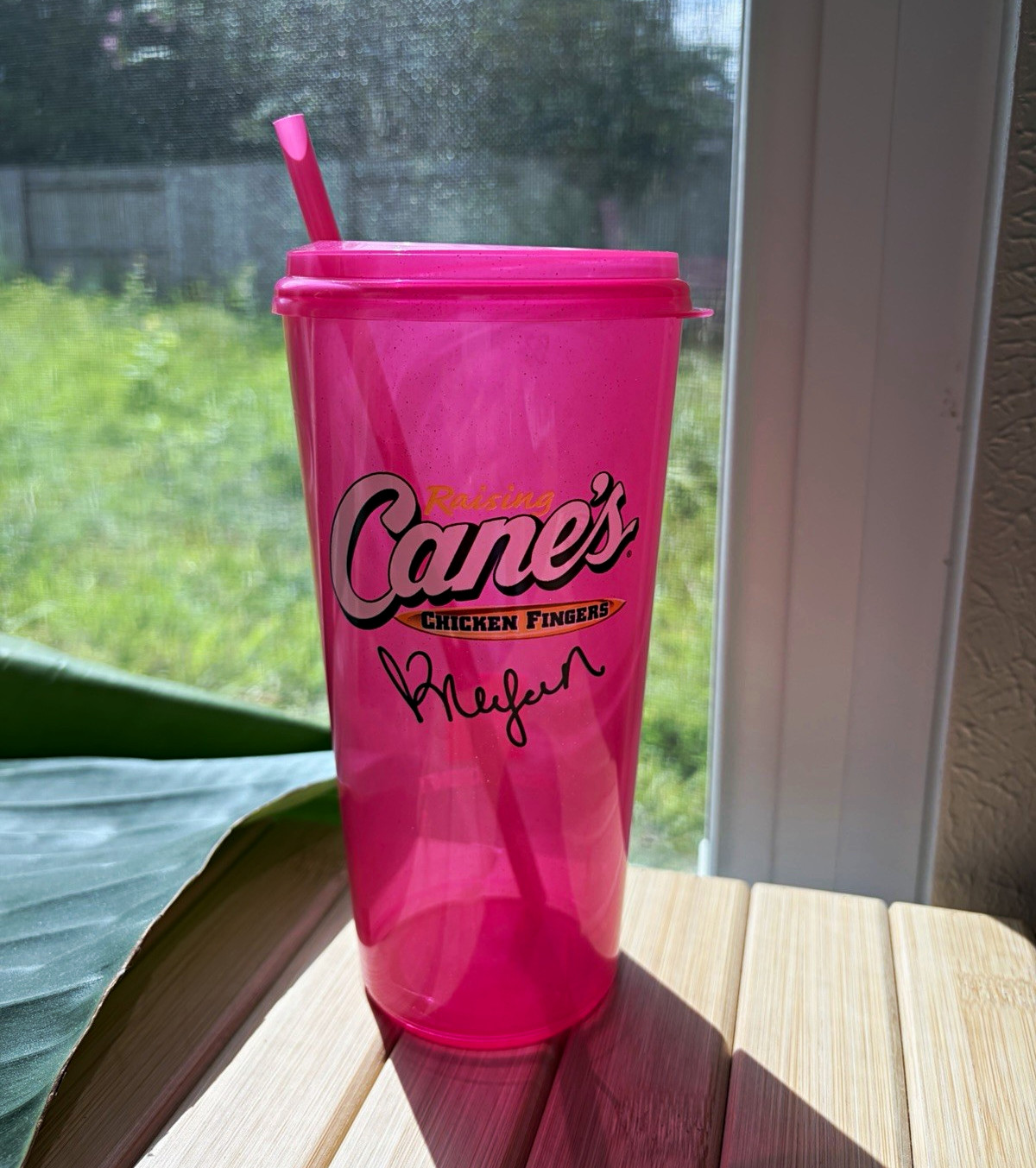 Raising Cane\'s Megan Moroney Sparkly Pink Plastic Tumbler Cup w/ Lid & Straw