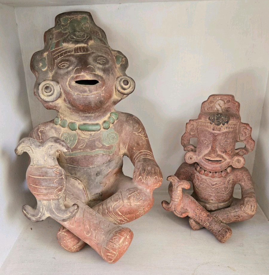 Vintage Mexican Pottery Pre Columbian Style Seated Figures Birds Folk Art Pair