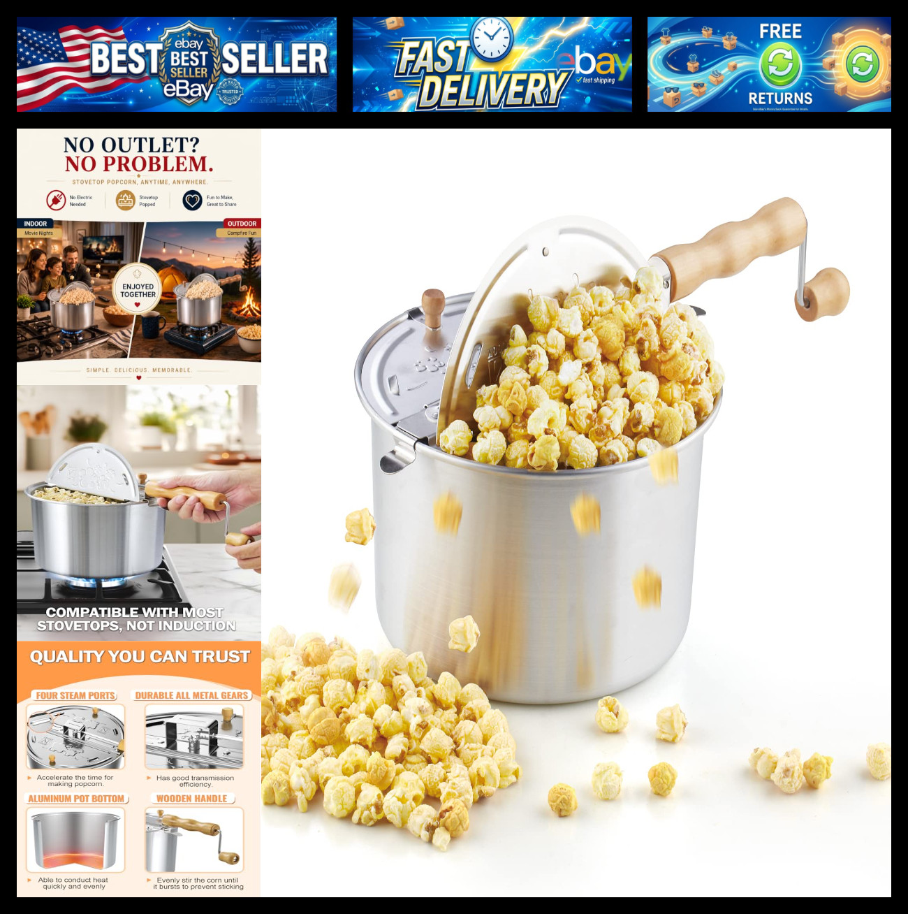 Cook N Home Stovetop Popcorn Popper 6 Quart - Hand Crank Popcorn Maker