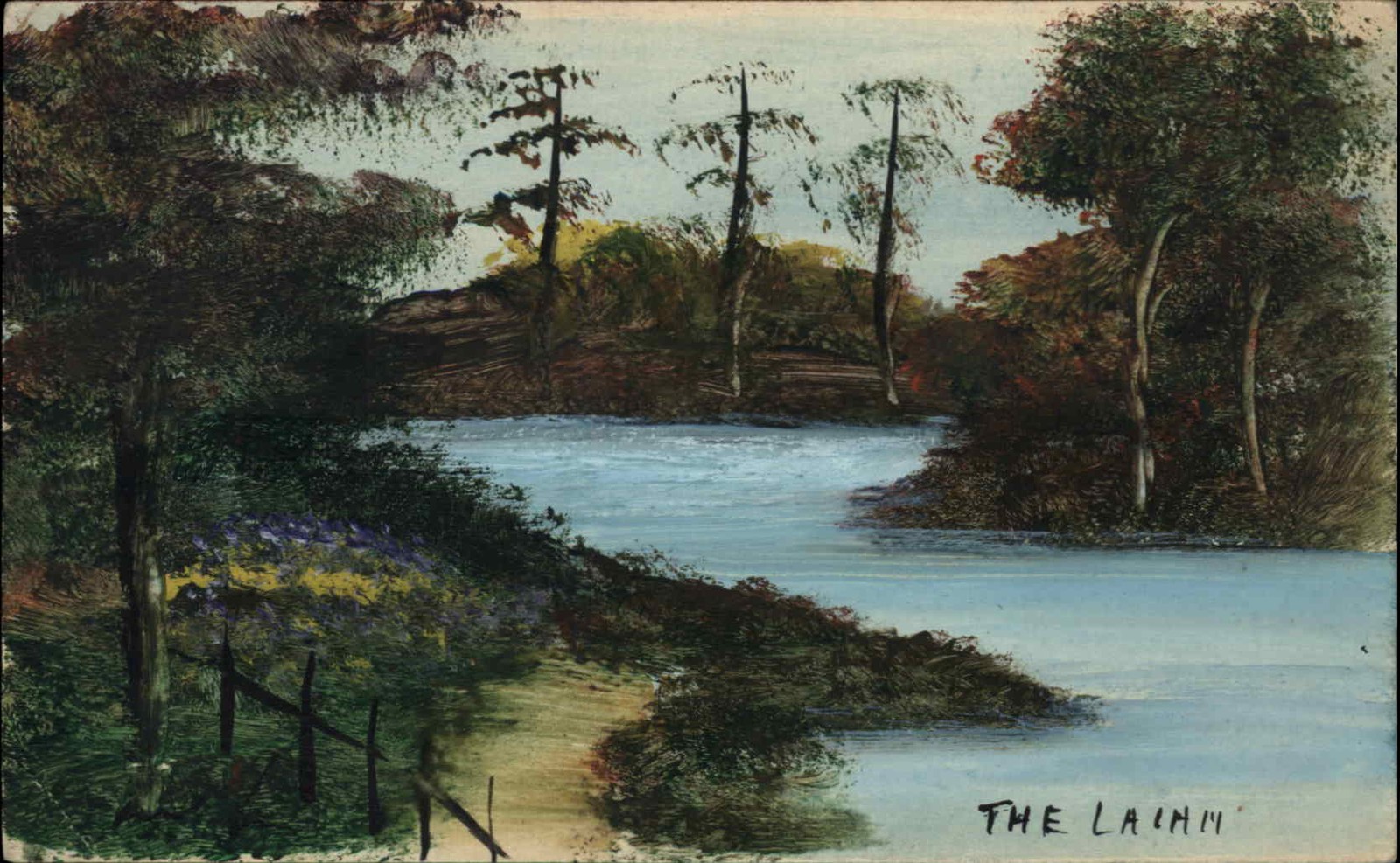 HANDMADE HAND PAINTED Beautiful Landscape River View Antique Postcard