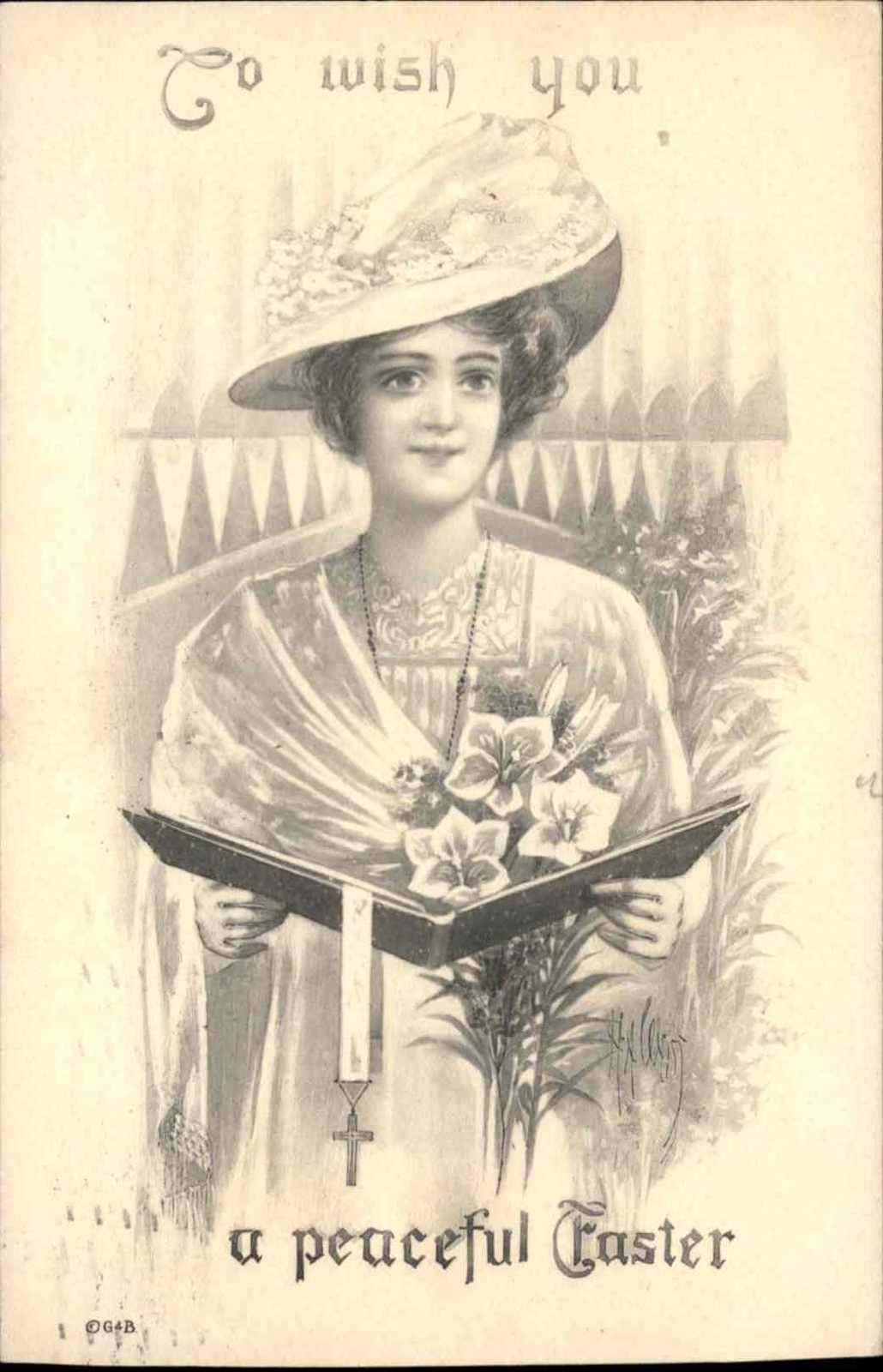 Vintage PC A/s Easter Beautiful Woman Church Hymnal Cross Crucifix