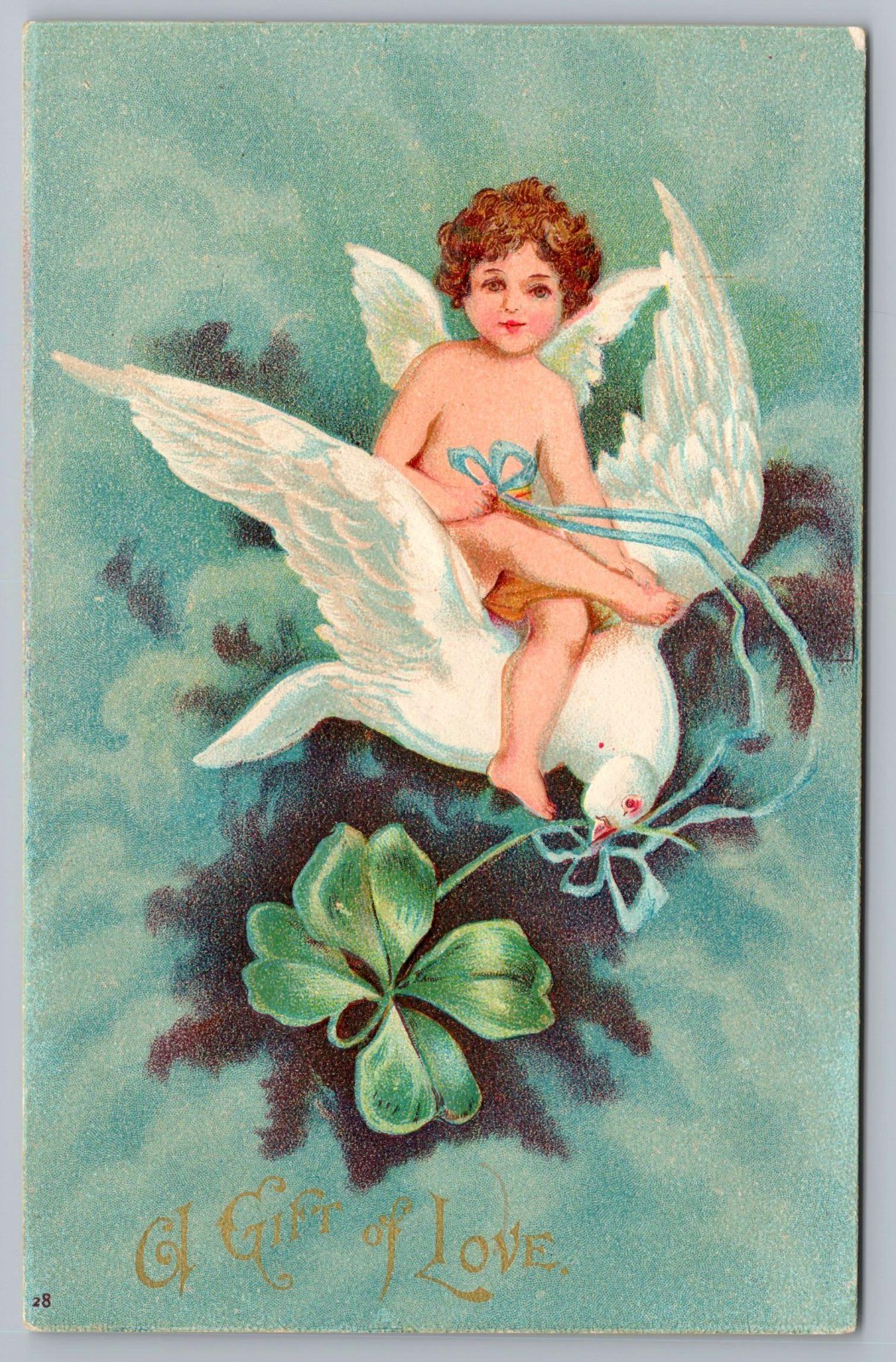 1907 Valentine\'s Day Cupid Riding Dove Four Leaf Clover Vintage Postcard