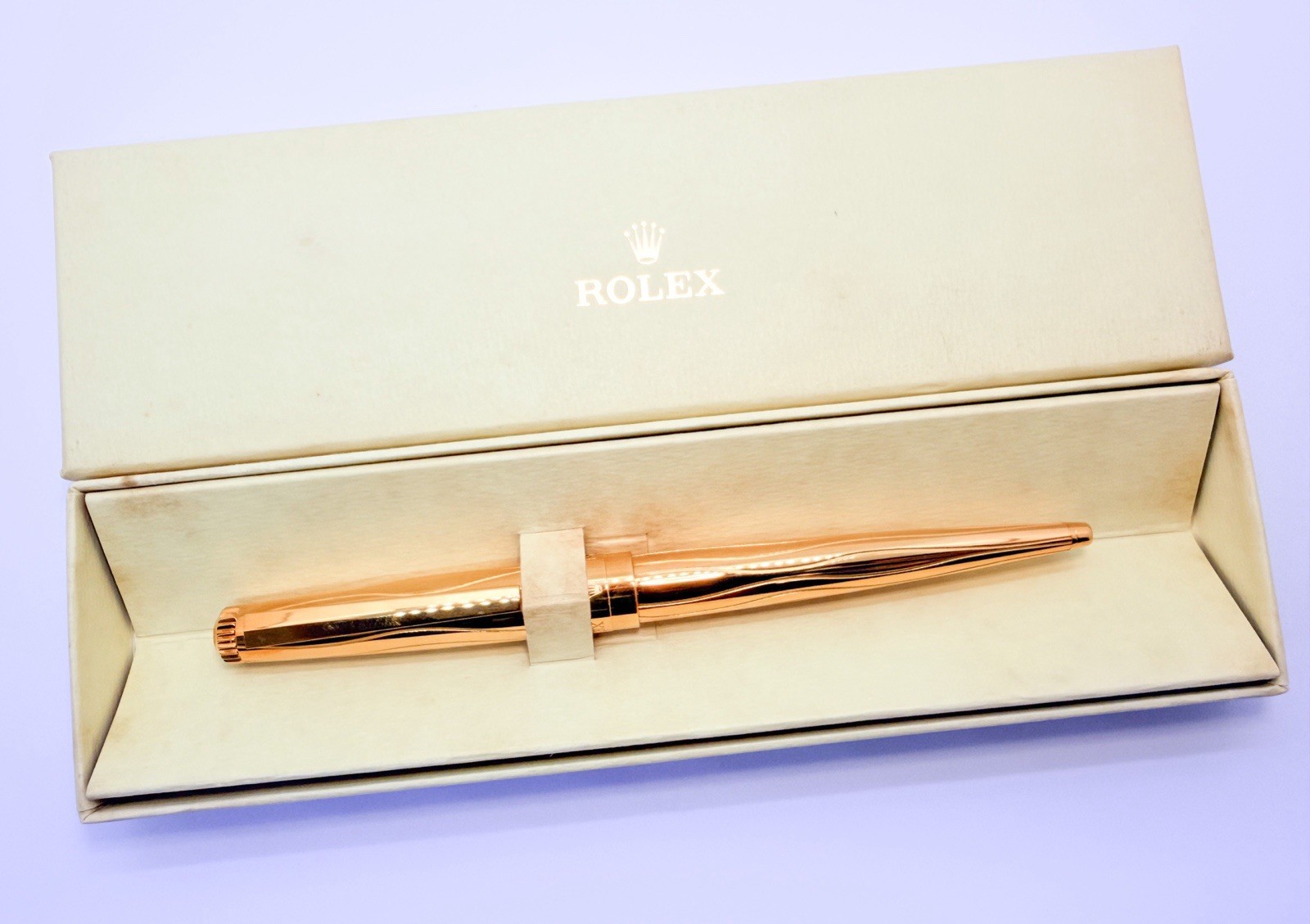 NOS Rolex Gold Plated Ballpoint Pen Wave Pattern twist Working With Aged Box