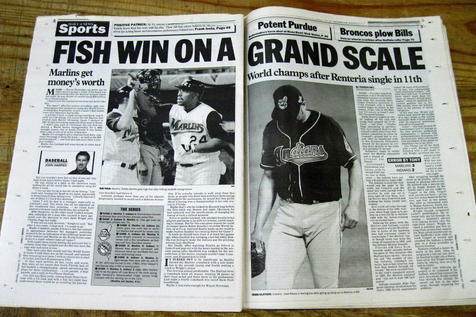 1997 newspaper FLORIDA MARLINS WIN baseball WORLD SERIES vs Cleveland Indians