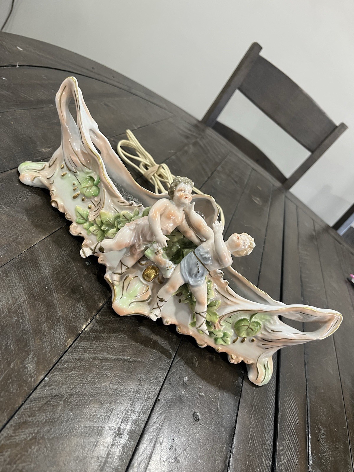 Vtg German Cherub Porcelain Tv Lamp Planter Gold Jardiniere Floral
