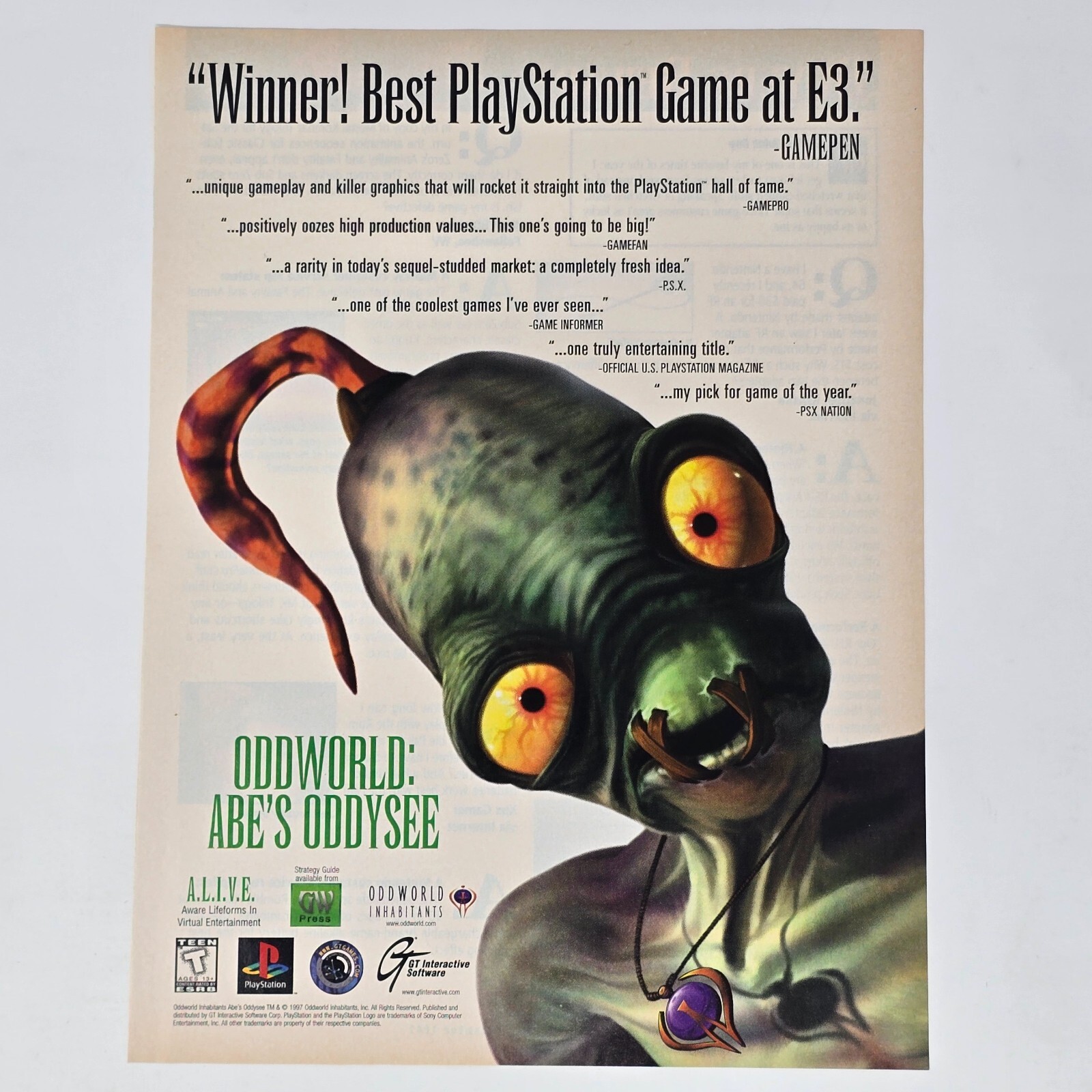 Oddworld Abe's Oddysee PlayStation 1 PS1 Winner Print Ad/Poster Promo Art