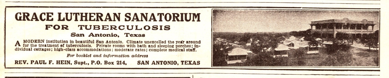 1923 Grace Lutheran Sanatorium Print Ad (7in x 1.5in) - San Antonio, Texas
