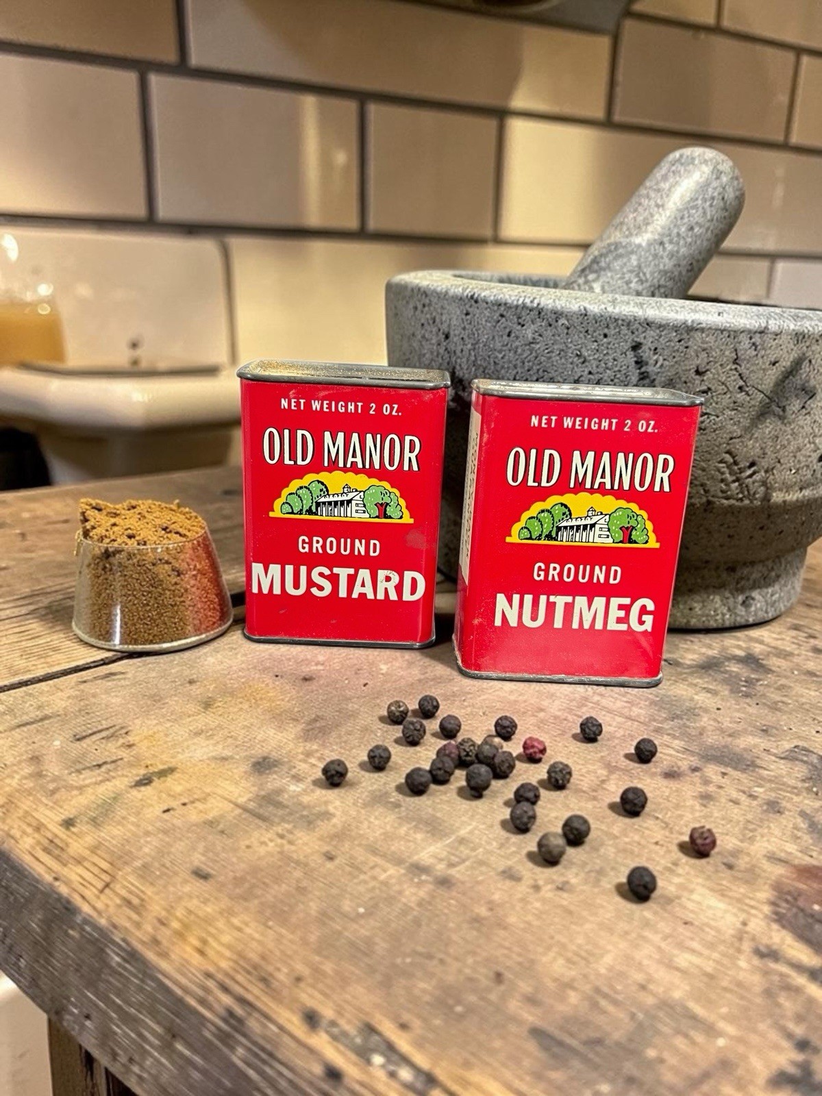 Vintage Old Manor Ground Nutmeg & Mustard Spice Tins