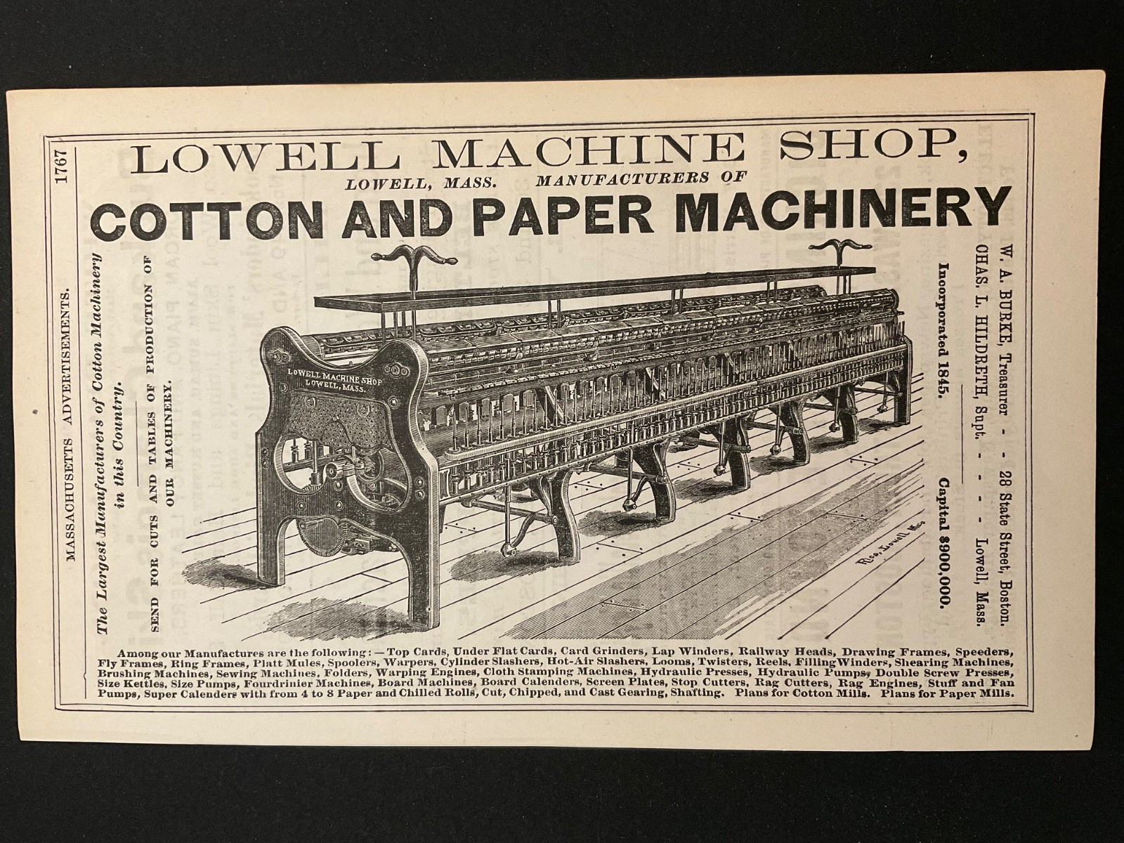1883 Antique Ad Page Lowell Machine Shop MA, Dickinson Type Foundry Boston