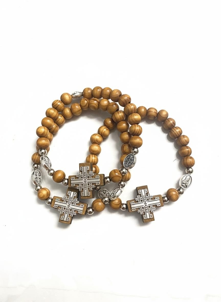 3 Bracelets Holy Land Silver Elastic Jerusalem Olive Wood Hand Made Icon Cross