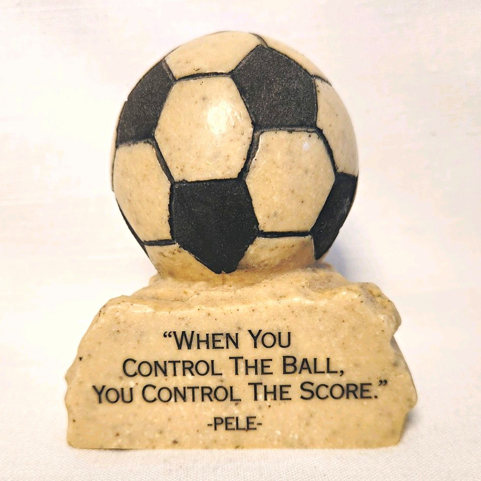 Stone 3D Soccer Ball Figurine on Base w/ Pele Quote Paperweight