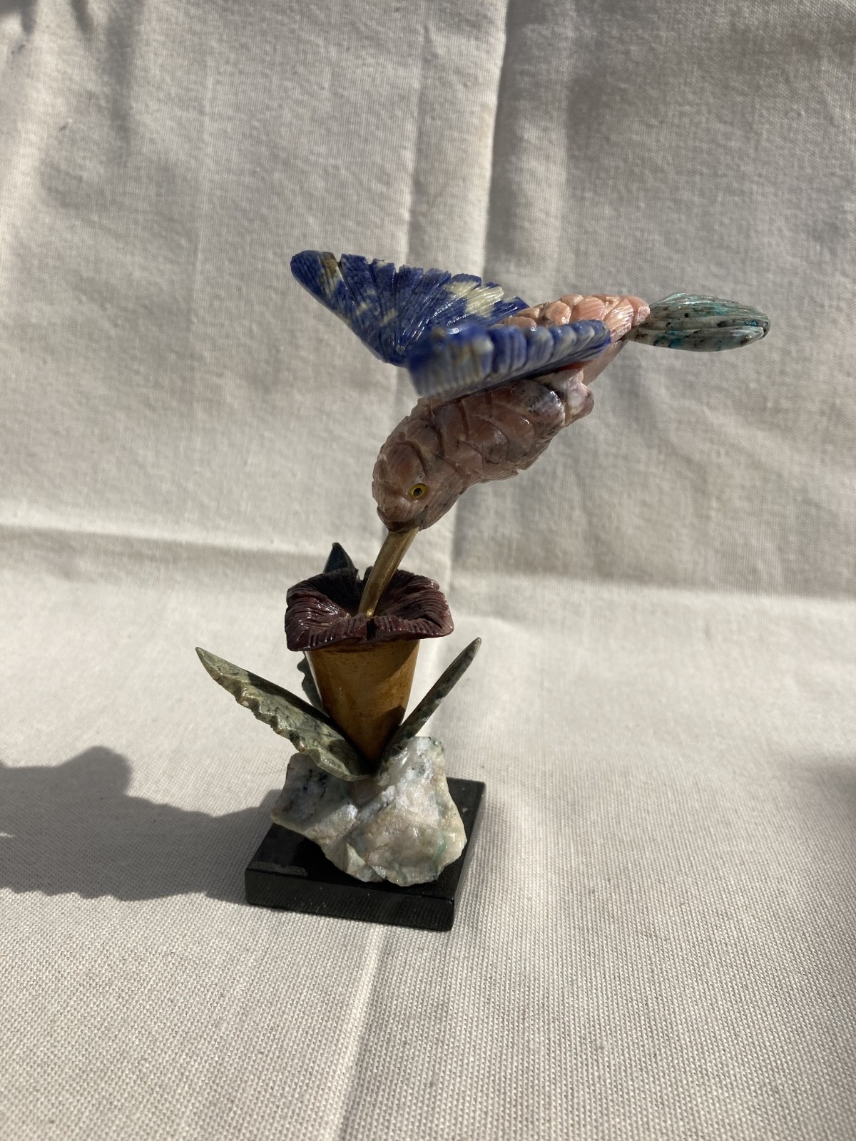 Premium Hand crafted multi-colored Hummingbird with base stone carving