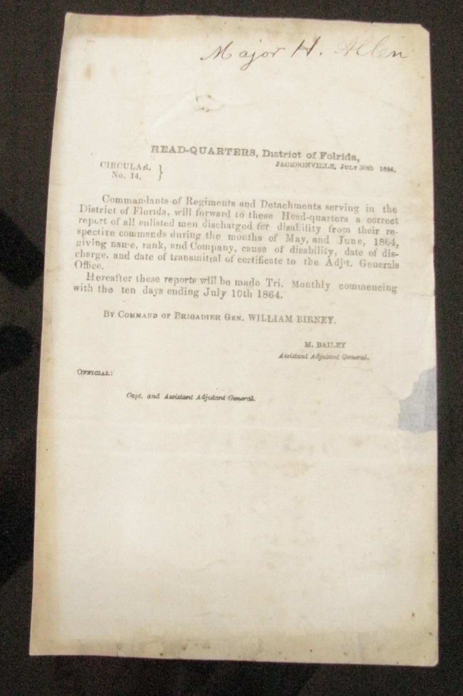 CIVIL WAR JACKSONVILLE FLORIDA CIRCULAR GENERAL WIILIAM BIRNEY 1864