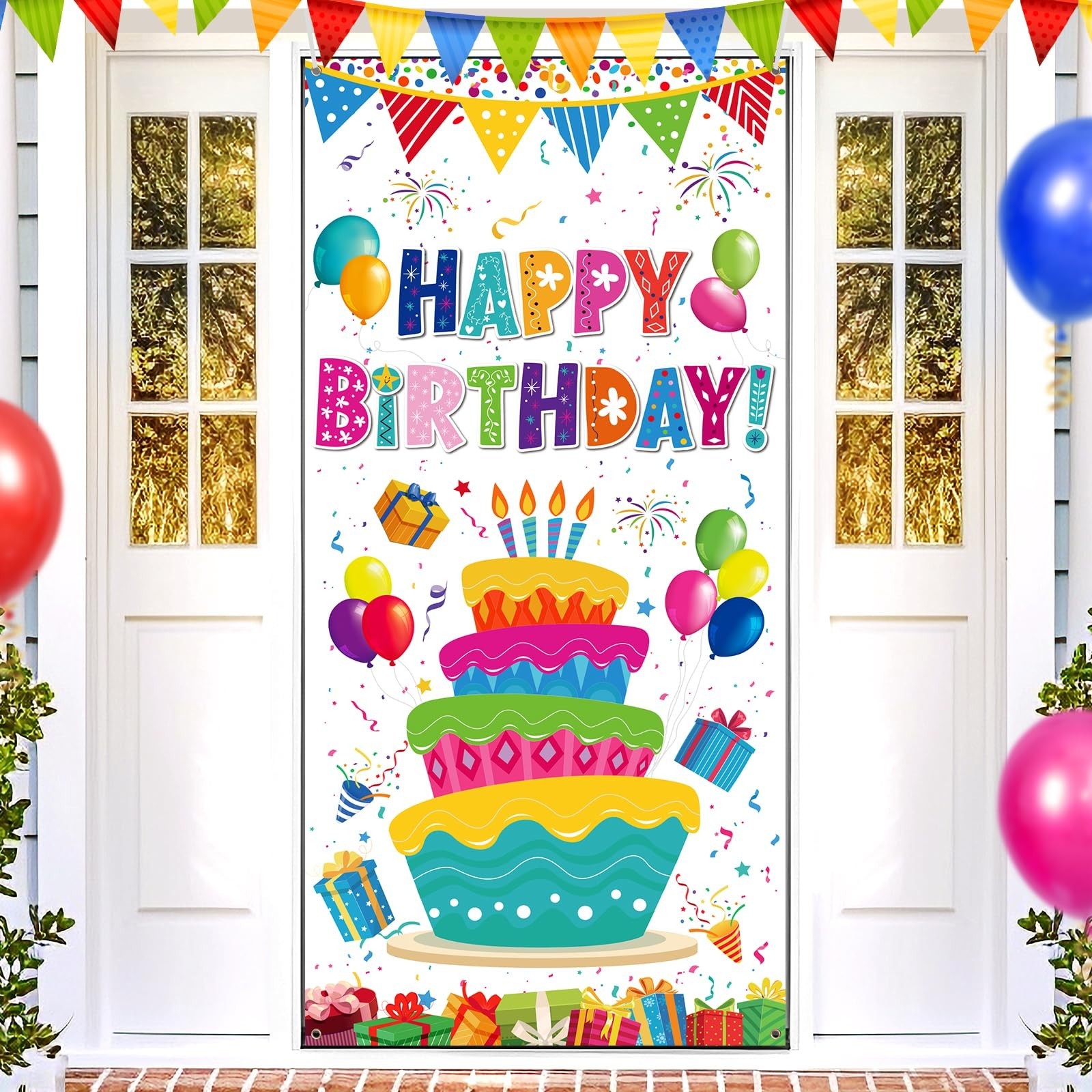 Colorful Rainbow Happy Birthday Door Banner, 72.8 x 35.4 Inches, Polyester, W...